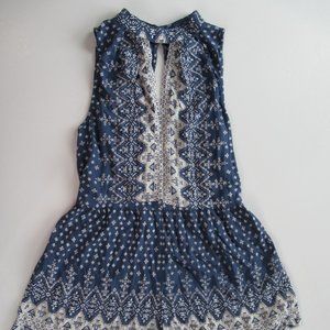 Sleeveless Raylon Keyhole Boho Printed Blue Romper